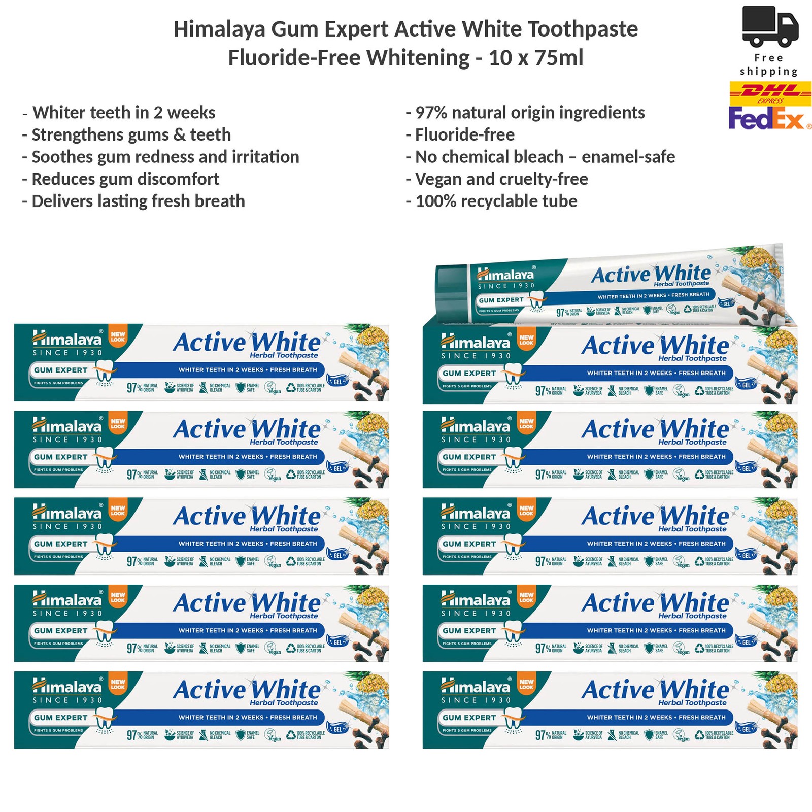 Himalaya Gum Expert Active White Gel Toothpaste Fluoride-Free Whitening 10x75ml