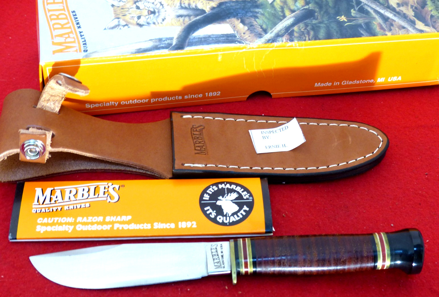 Marbles Gladstone USA Campercraft leather/buffalo mint fixed blade Sheath knife