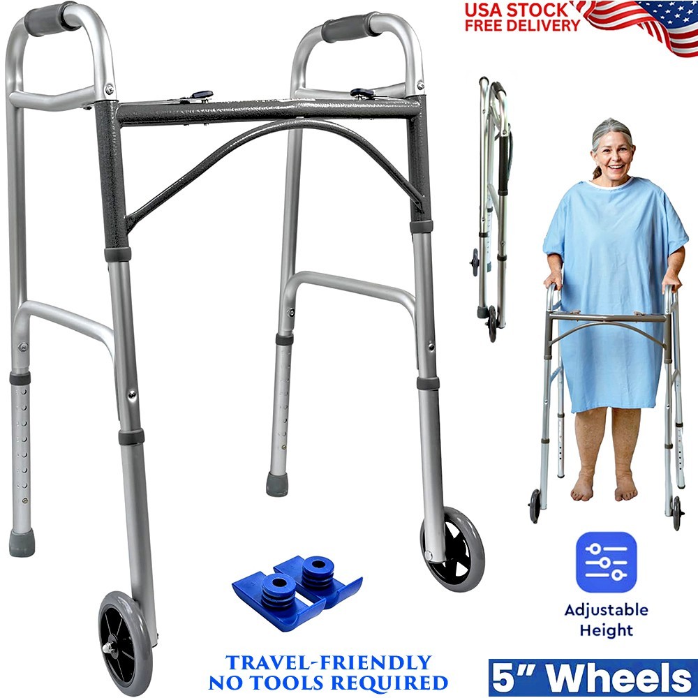 MEDICAL WALKER FOR SENIORS ADULTS FOLDING ALUMINUM ADJUSTABLE HEIGHT 5" WHEELS