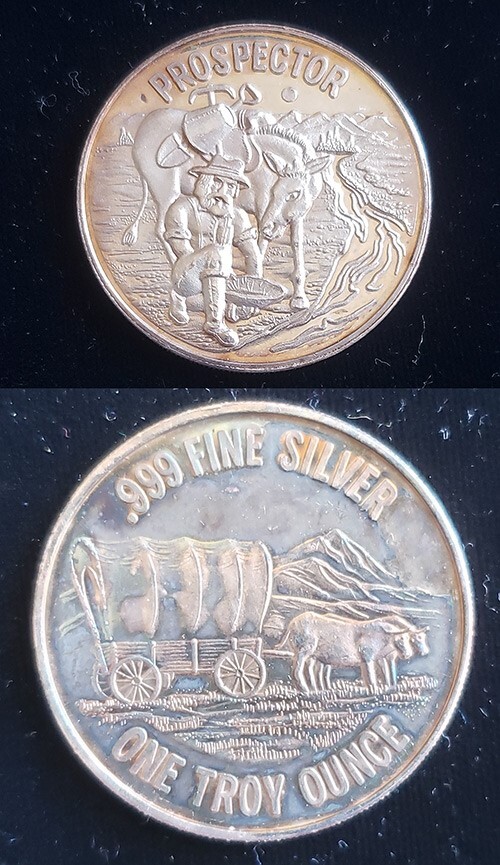 American Prospector & Conestoga Wagon 1 oz .999 Fine Silver Round Toned si1019