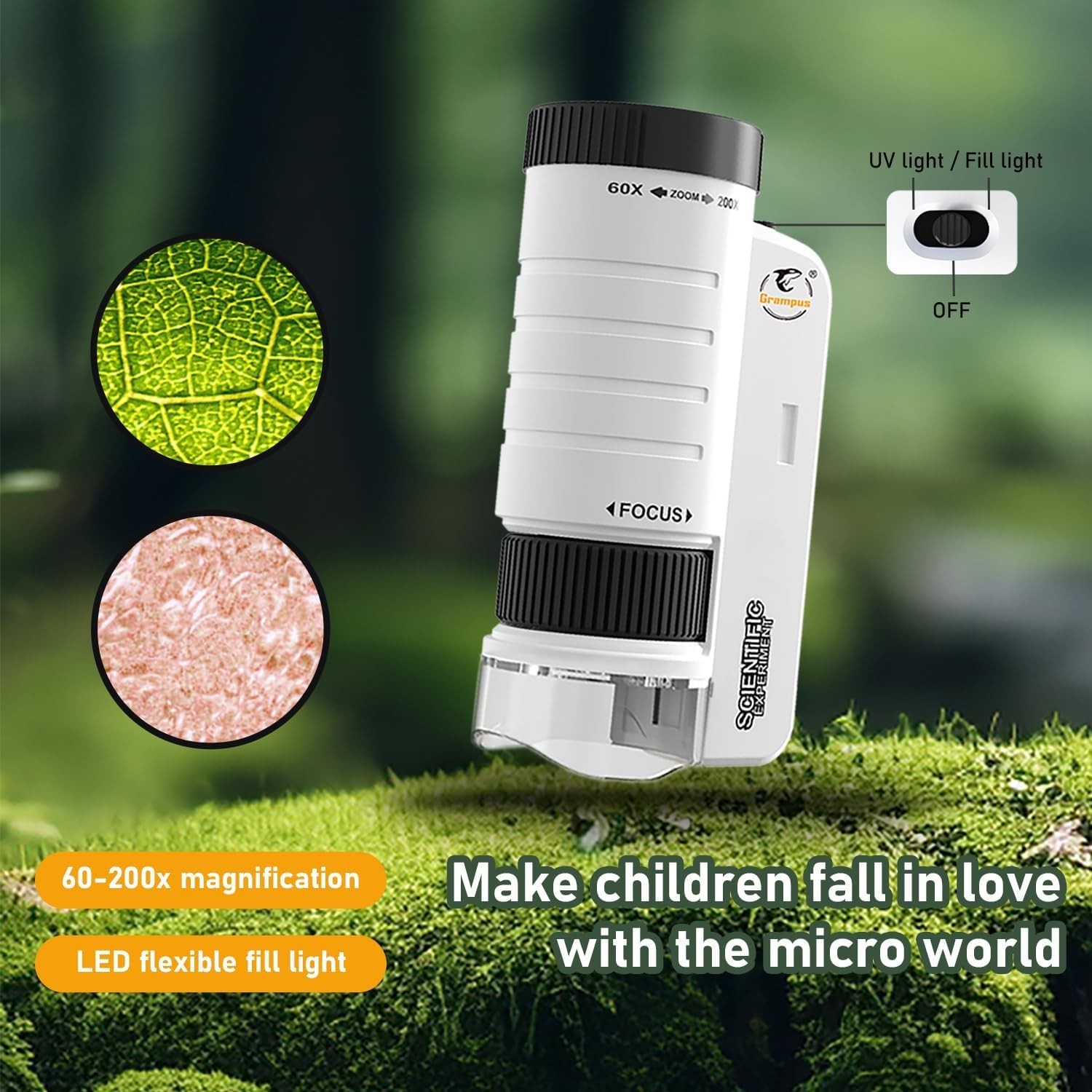 Grampus 60x-200x LED Pocket Microscope Portable Handheld STEM Toy for Kids Adult