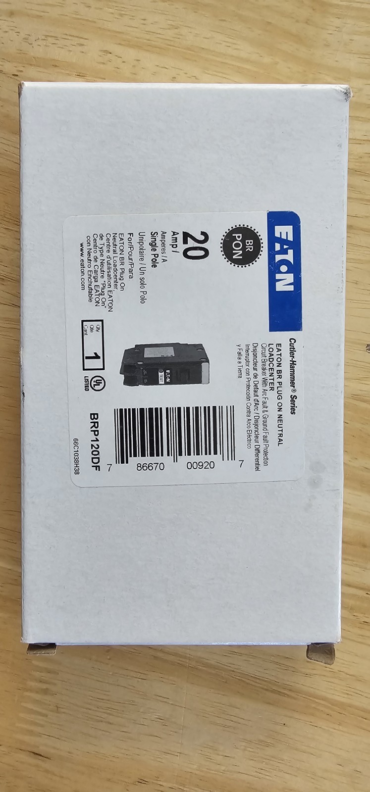 Eaton BRP120DF 20A Plug-On Neutral Dual Function Circuit Breaker 1-Pole