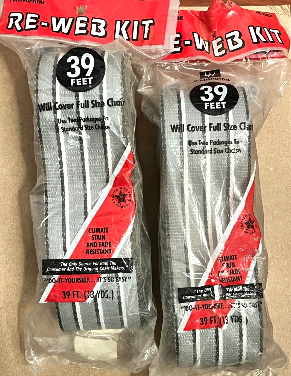 NOS Vtg Wellington Re-Web Patio Chair Kit Grey White Stripe 2 Pack 39ft ea USA