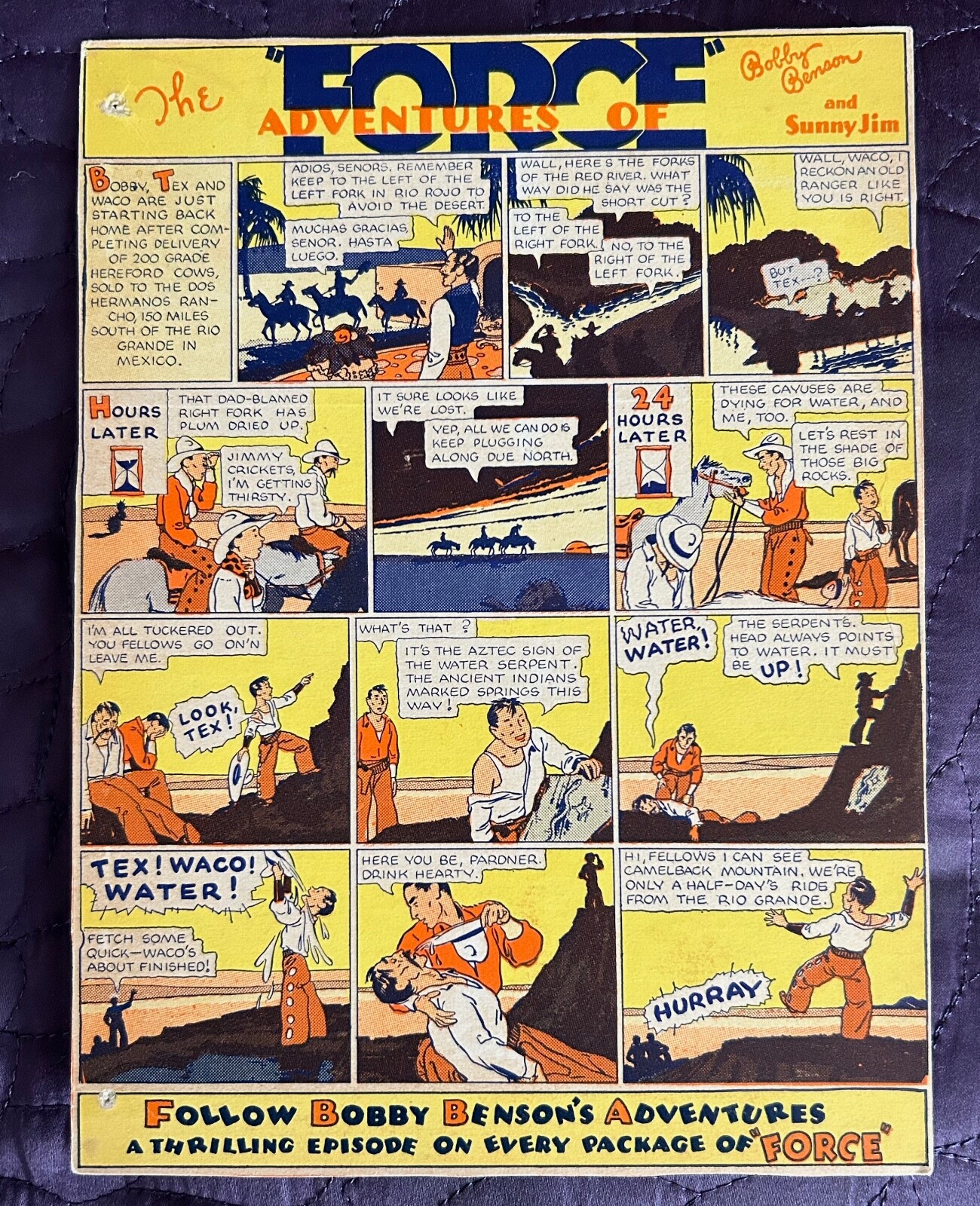 FORCE CEREAL  BOX BACK  CUT OUT  BOBBY BENSON  COMIC  C. 1930'S  WATER