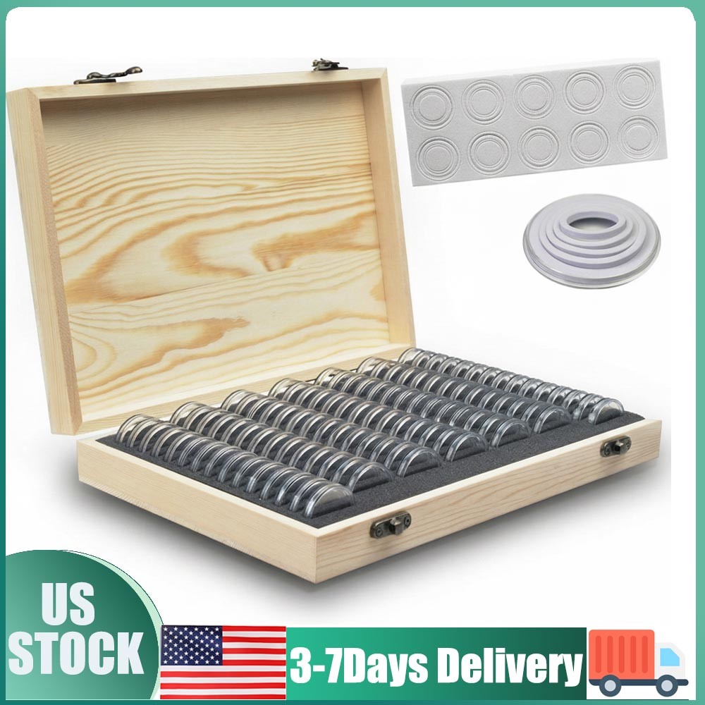 100pcs Coin Capsules Storage Box with Wooden Case Holder Collection Display Box