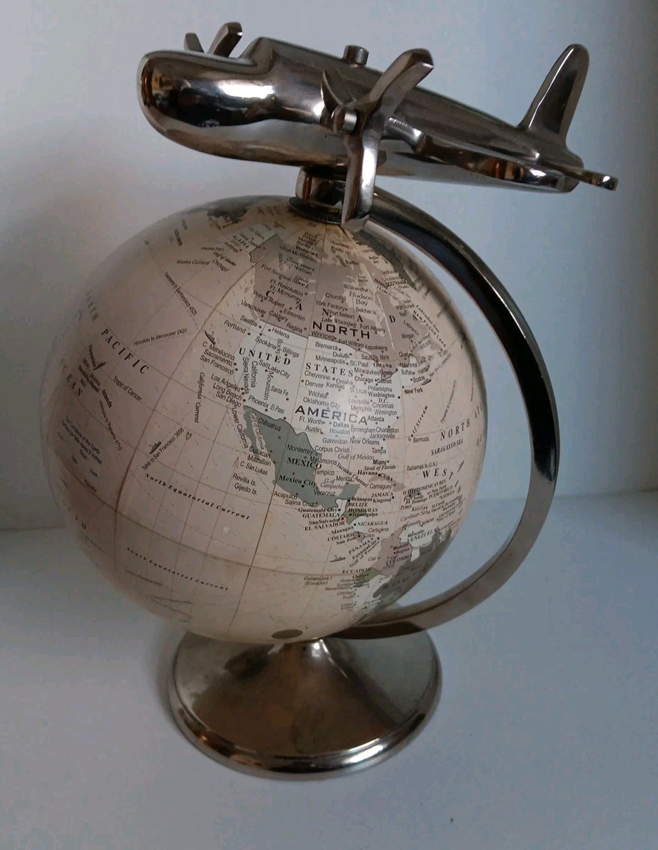 Globe with Airplane Desktop Ornament Silver Tone Metal