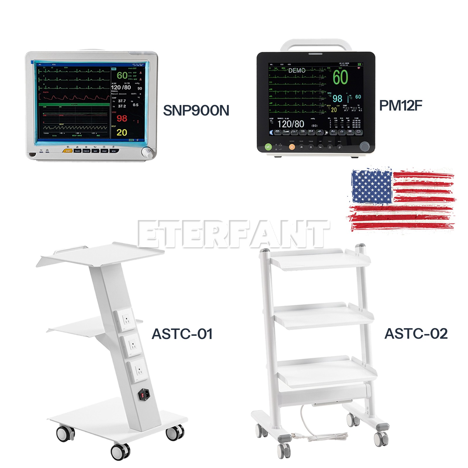 12" 6-Parameter Patient Monitor/Medical Trolley Mobile Rolling Cart For Hospital