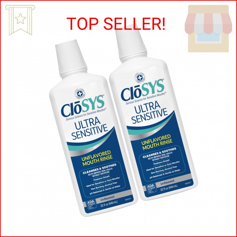 CloSYS Ultra Sensitive Mouthwash, 32 Oz, Pack of 2, Alcohol Free Mouthwash, Unfl