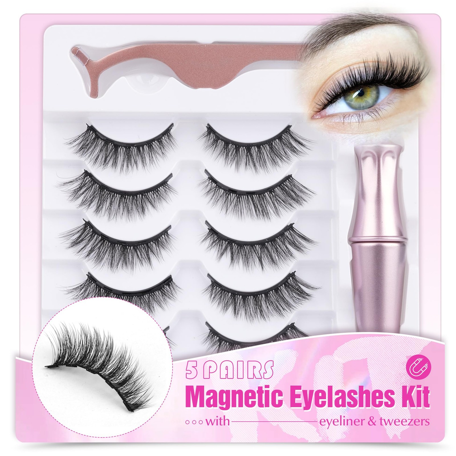 Magnetic Eyelashes with Eyeliner 5 Pairs 5 pair (Pack of 1), Black