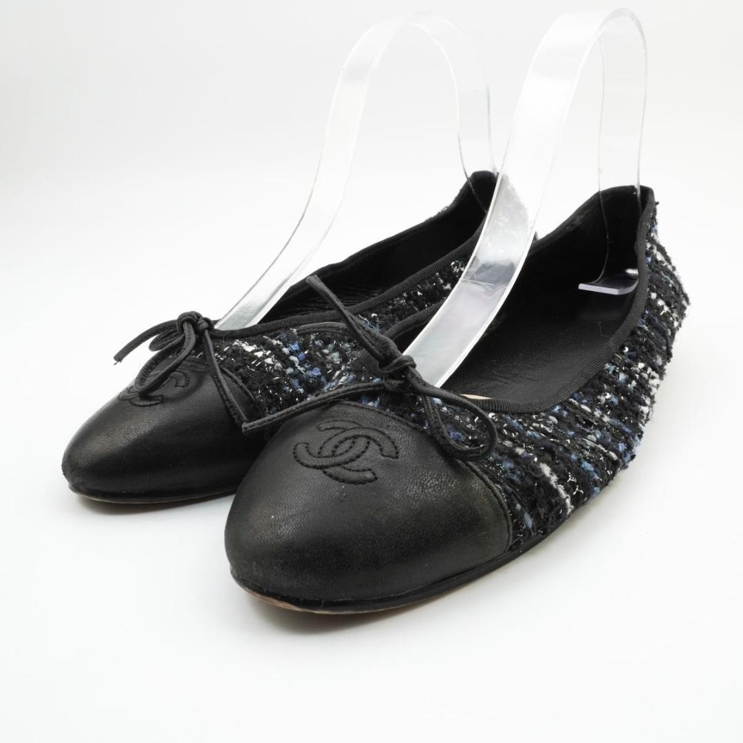 CHANEL Ballet Flats Shoes CC Logo Ribbon Tweed Leather Black Size US 9.5-10 Used
