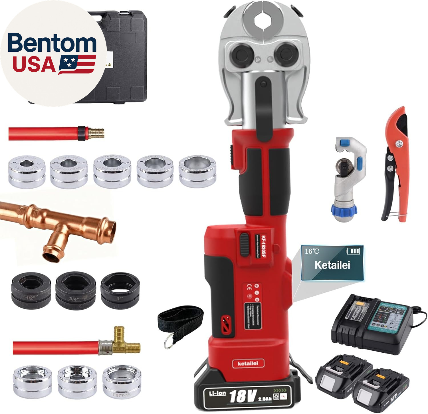 18V Pro Press Tool for Copper & PEX Pipes Cordless Plumbing Press Tool Kit W/ 1/