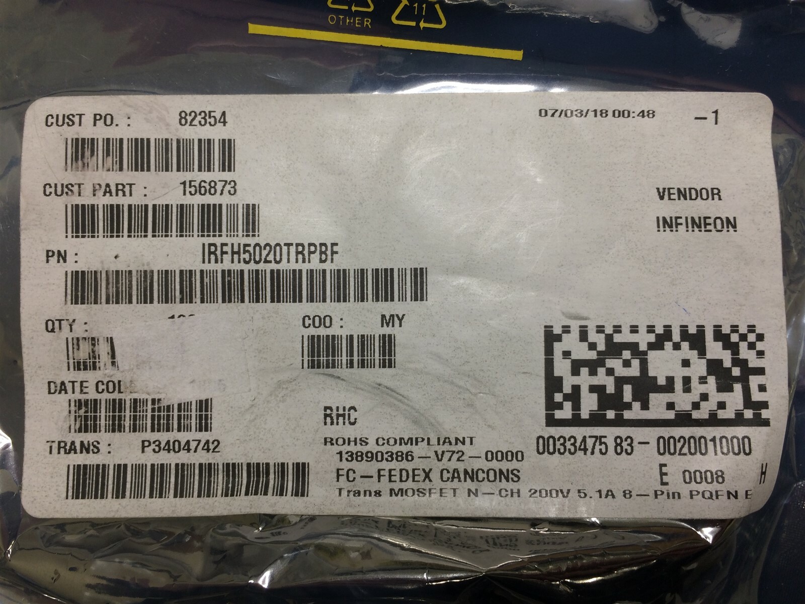 IRFH5020TRPBF INFINEON IRFH5020 TRANS MOSFET N-CH 200V 8PQFN SMD ROHS 6 UNITS