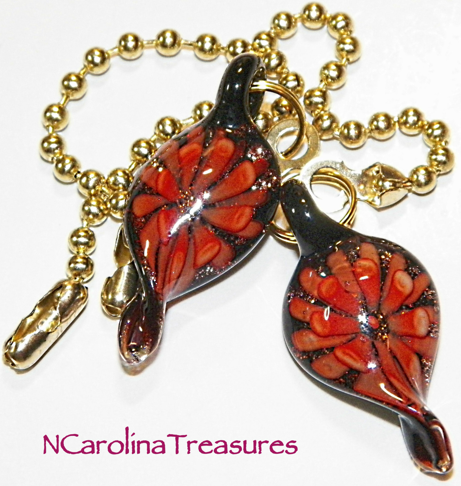 HANDCRAFTED GLASS CEILING FAN SWITCH PULL LEAF DESIGN RED FLORAL BURST SM PAIR