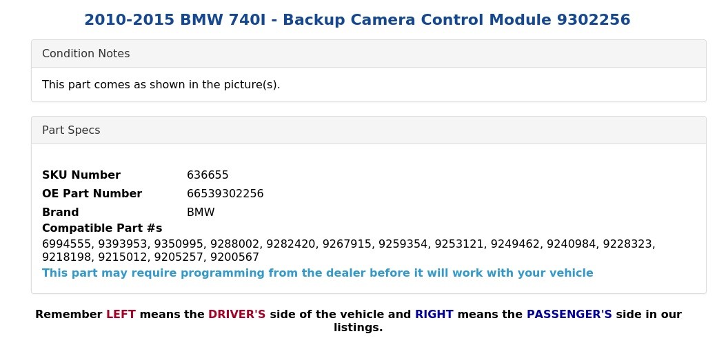 2010-2015 BMW 740I - Backup Camera Control Module 9302256