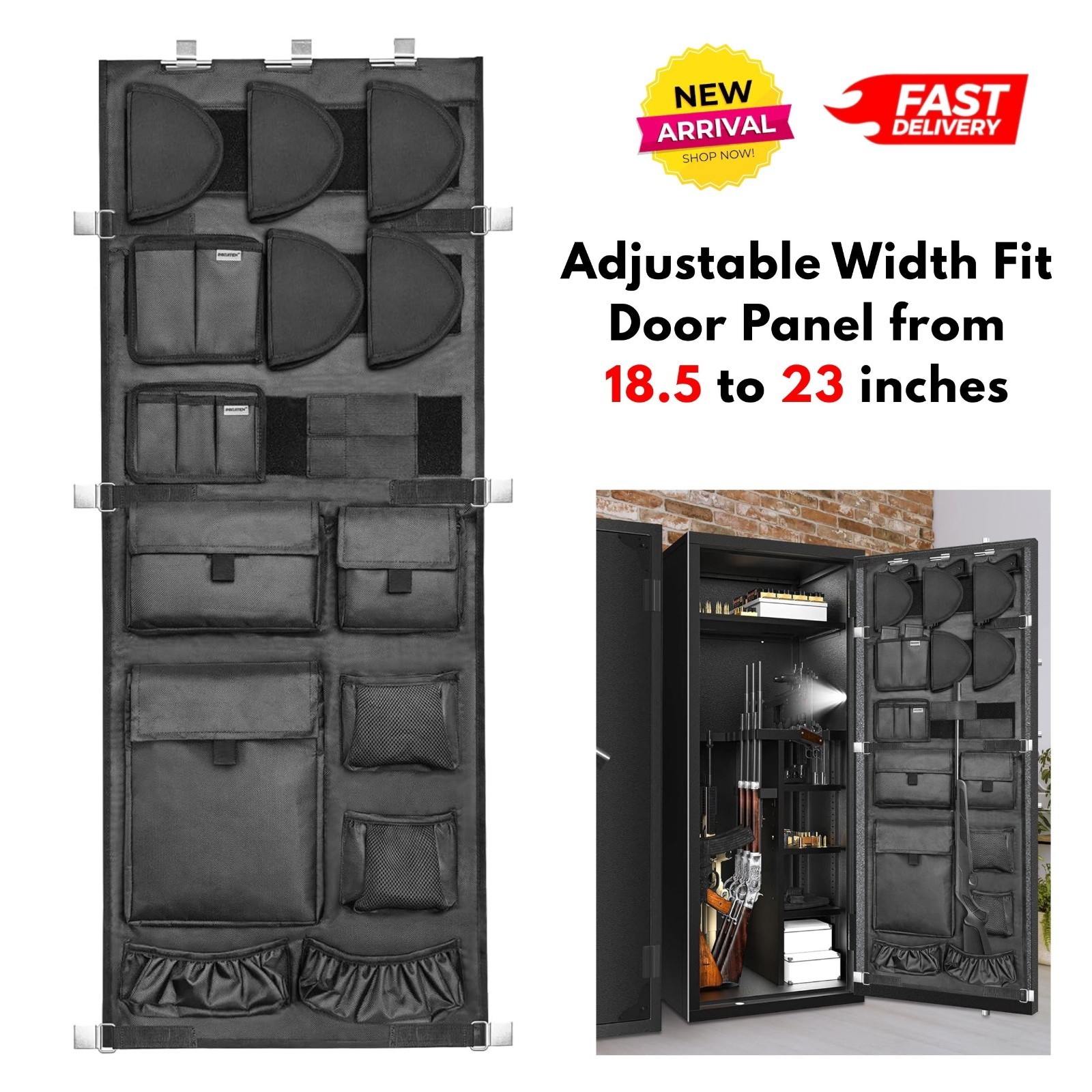 Gun Safe Door Organizer, Adjustable Width, w/ Removable Pistol Holders Mag Pouch