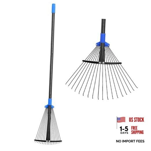 Adjustable Metal Leaf Rake Long Handle, Garden Rakes for Lawns Heavy Duty