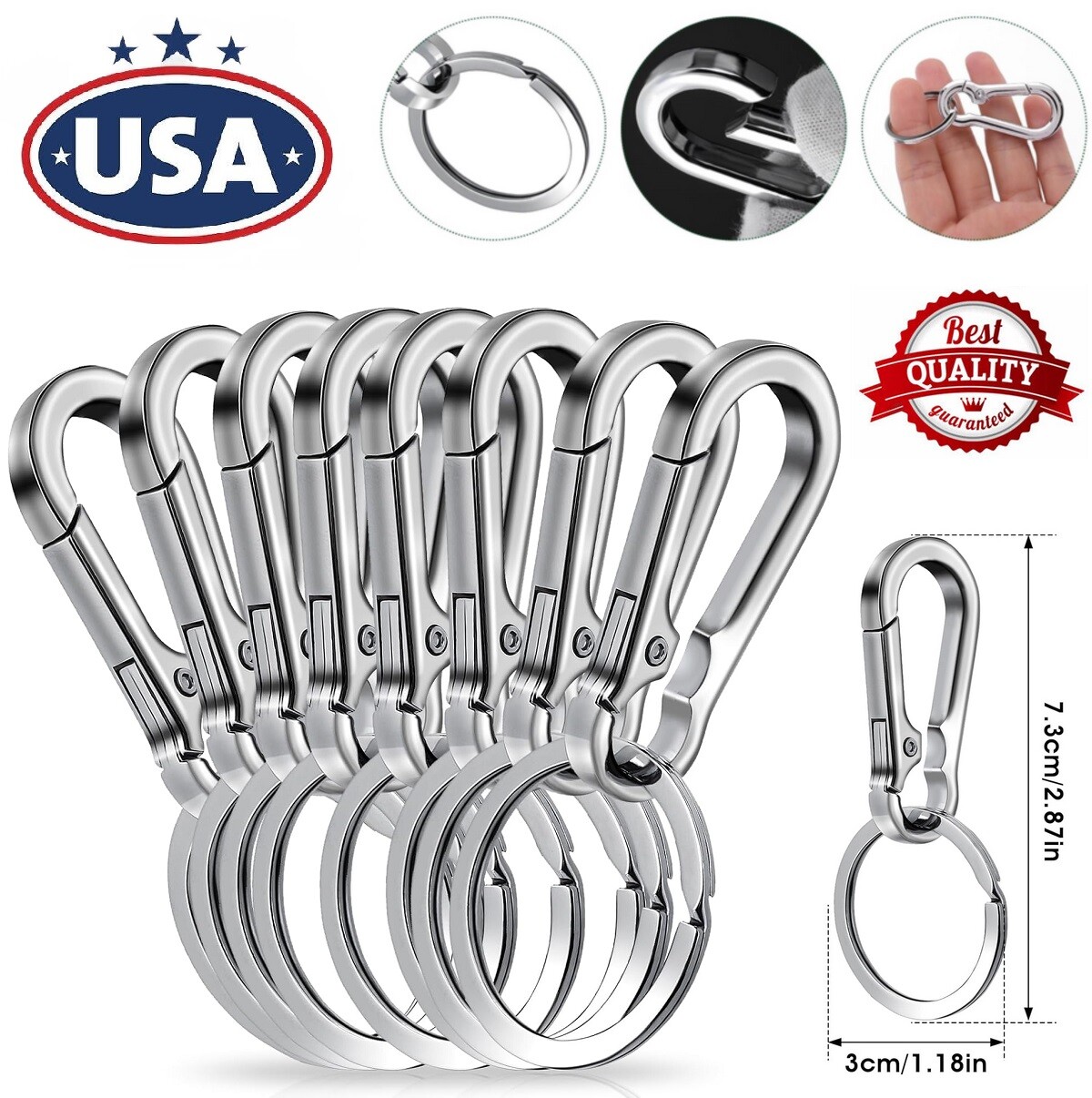 8× Keychain Key Ring Carabiner Clip Keyring Chain Fob Holder Silver Metal US