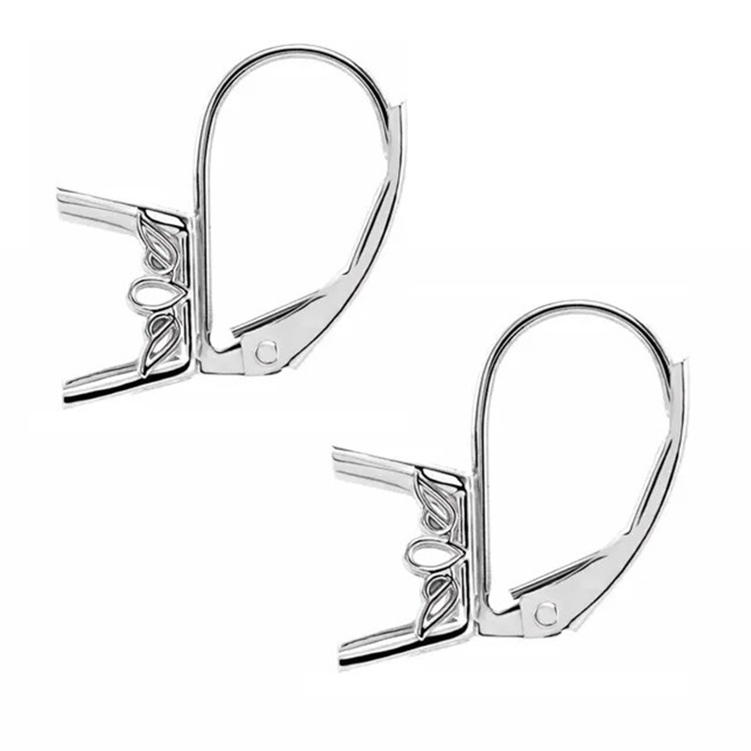 14K White Gold Lever Back Earring Mountings Emerald Cut Antique Scroll Setting