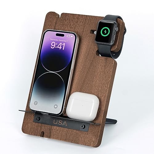Wood Charging Docking Station, Phone Watch Charge Dock Stand Multi Device
