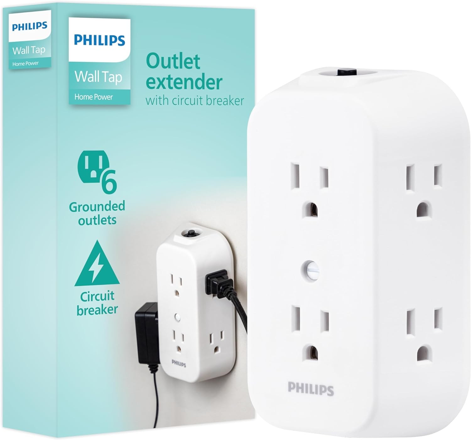 Philips 6-Outlet Extender, Grounded Wall Tap, Reset Button