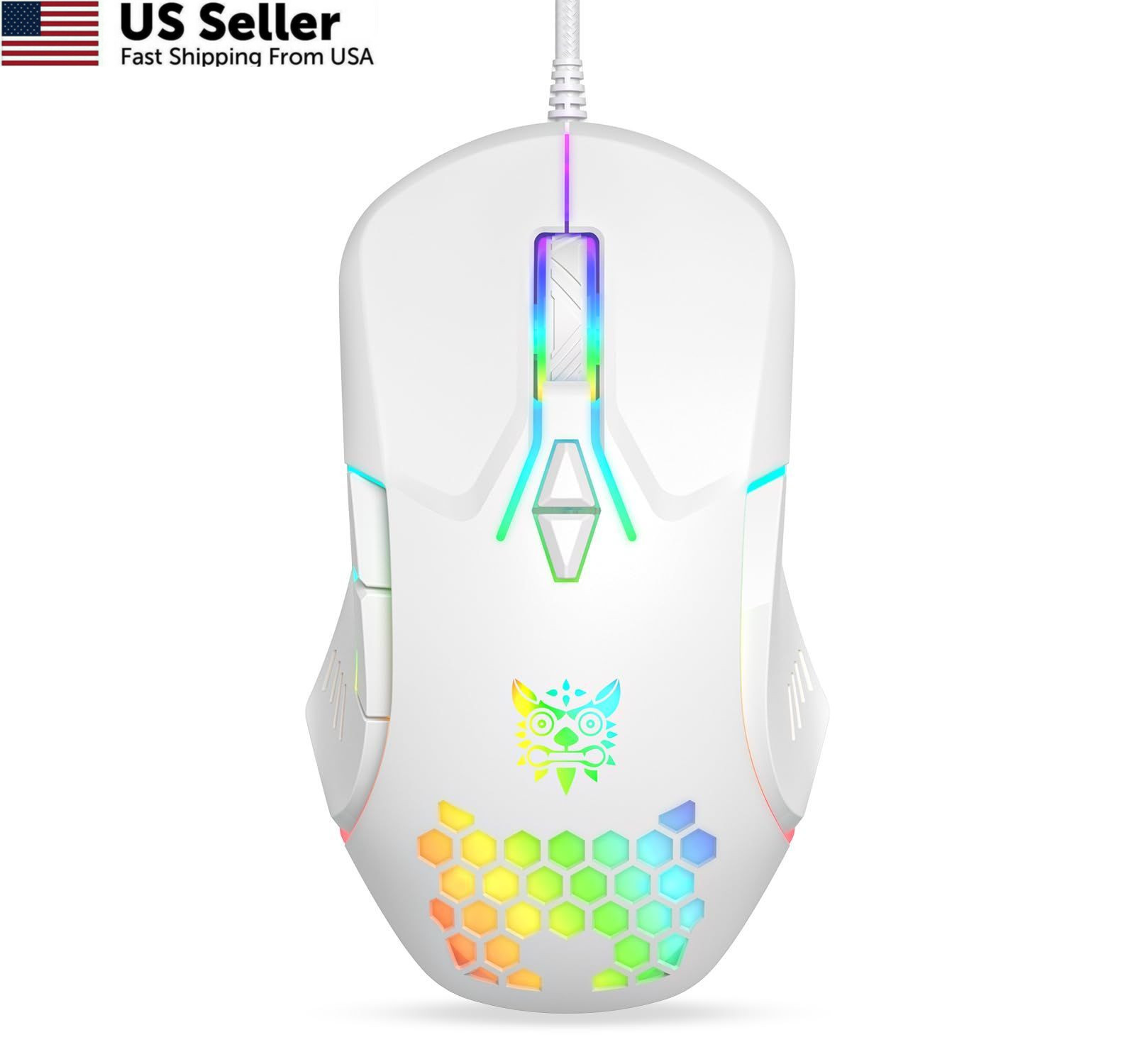 ONITOON Wired USB Mouse, Computer Mouse with RGB Lighting, 4 Adjustable White