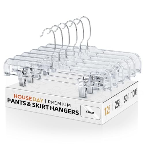 12 Pack 14 inch Clear Plastic Skirt Hangers with Adjustable Clips, Pants 12PC