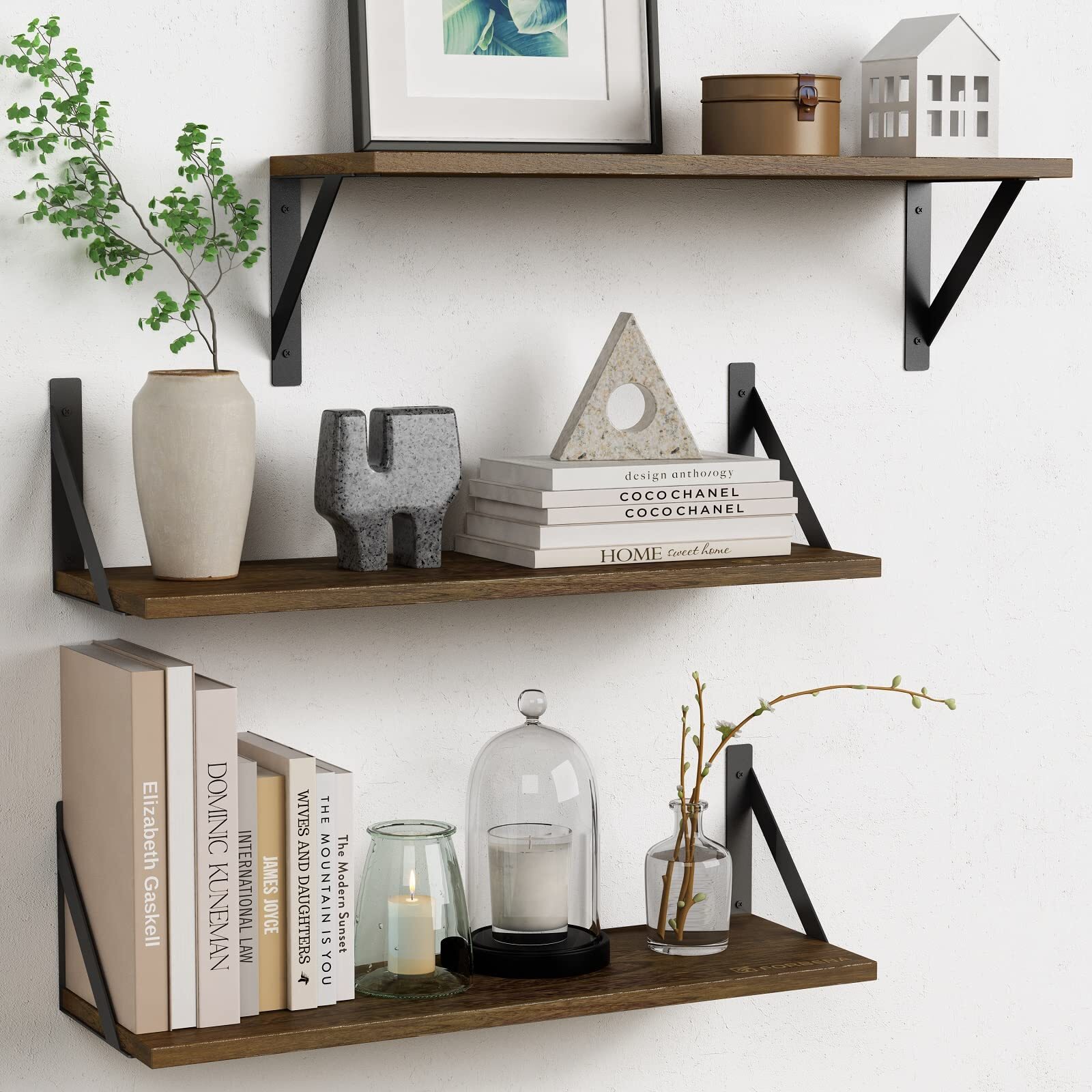 Rustic Wood Floating Shelves Set of 3 24 Inch for Storage and Display Dark Brown