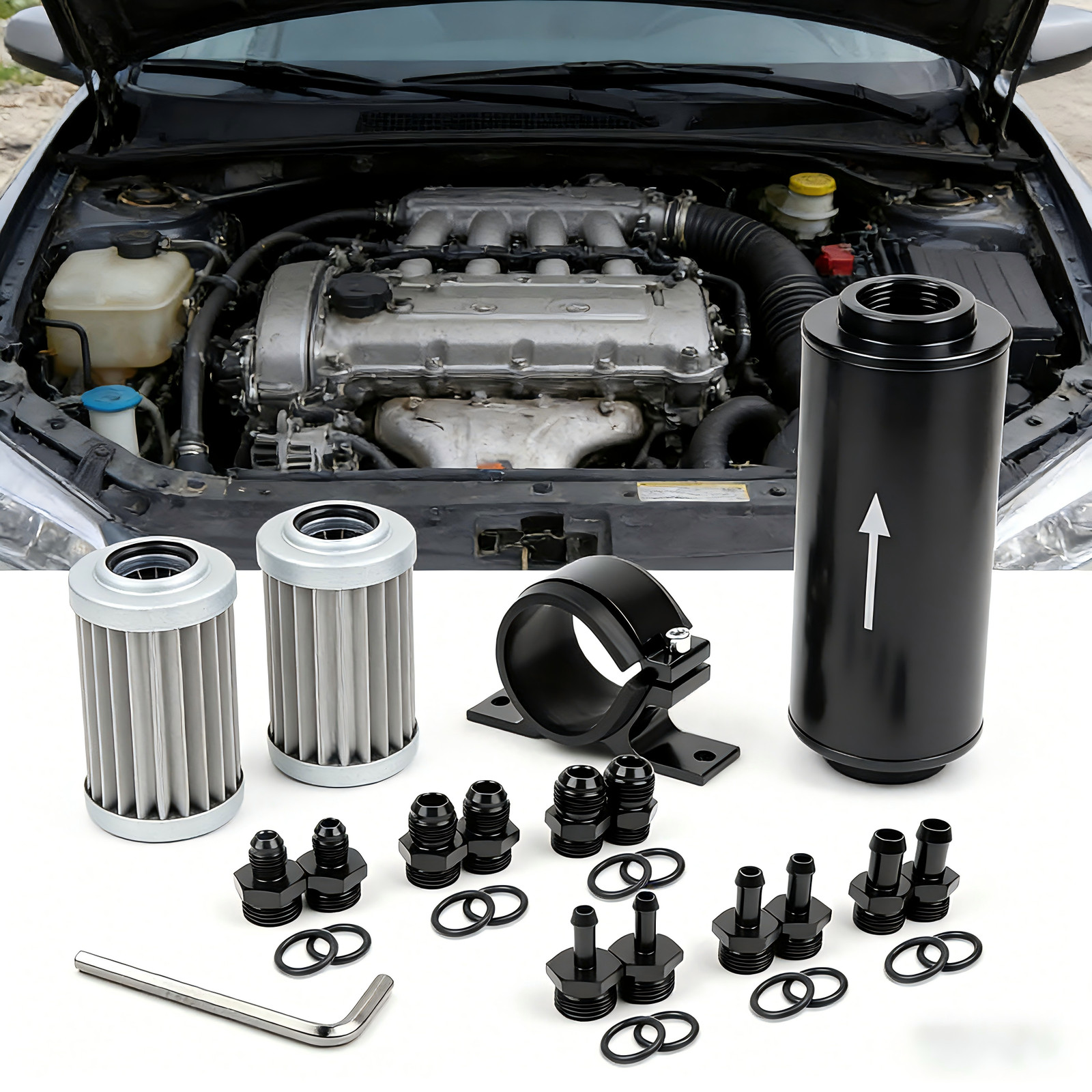 Universal Inline Fuel Filter 100 Micron with Barb1/2" 3/8" 5/16" Fitting Adapter