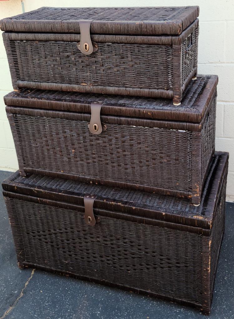 Beautiful Set of Three Nesting Wicker Storage Trunks – Hinged Lids – VGC –USEFUL