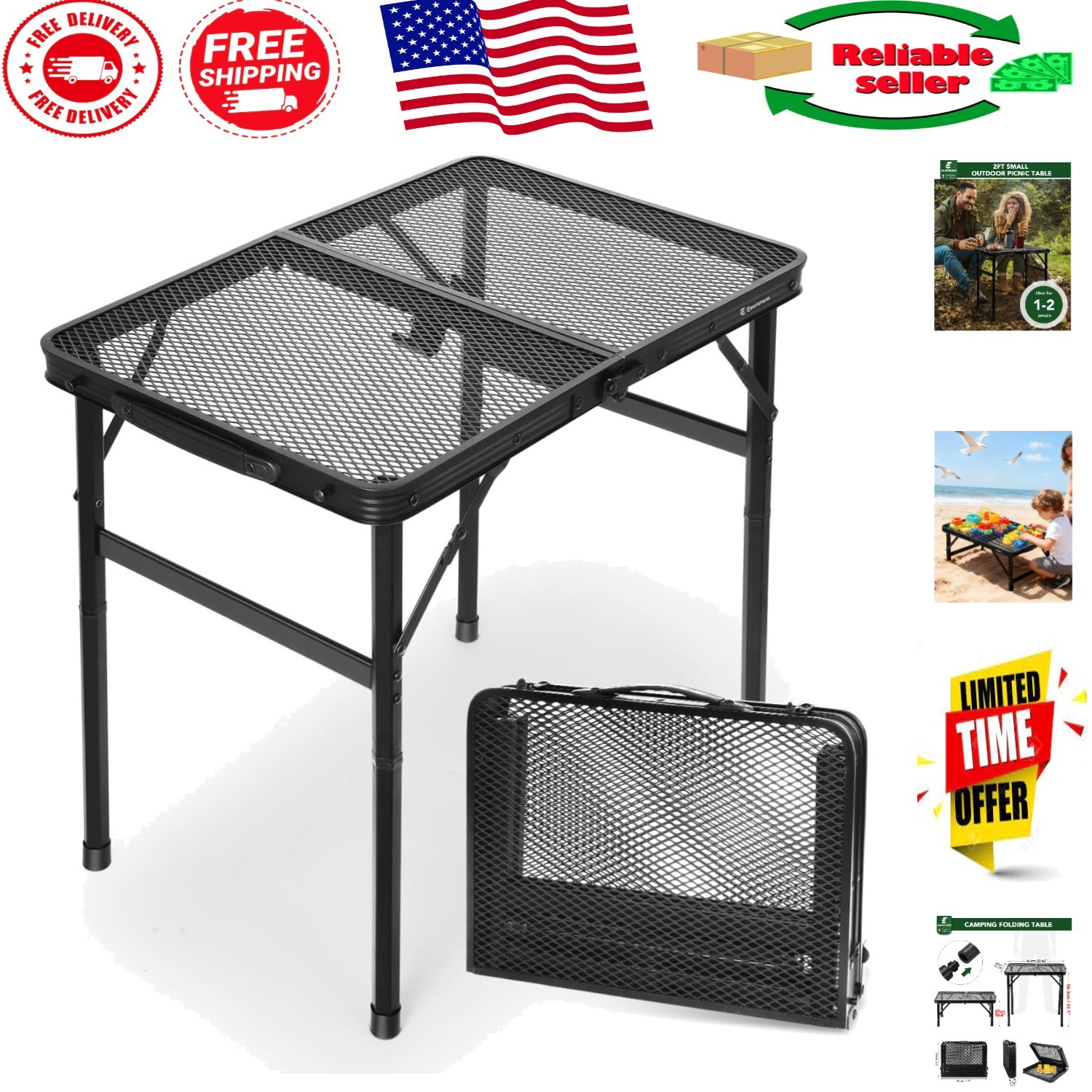 Compact 2Ft Portable Folding Table - Adjustable Height for Outdoor/Indoor Use
