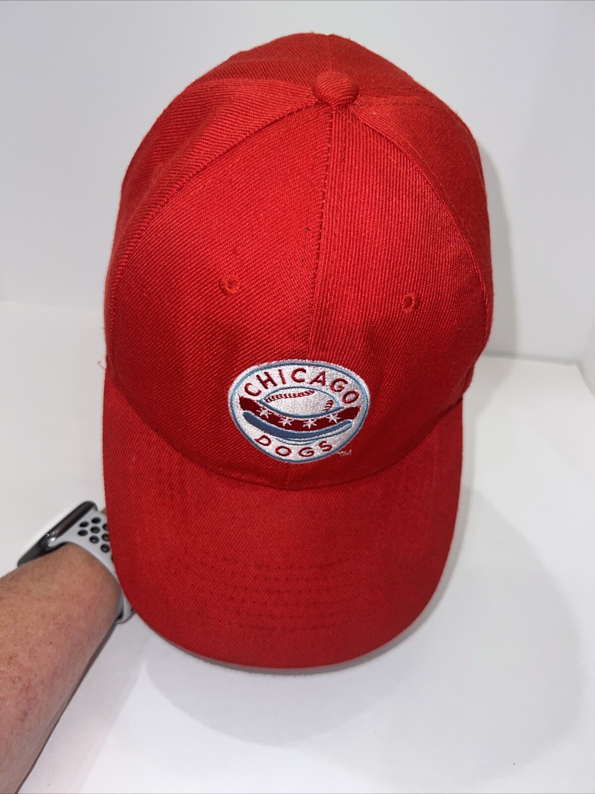 Chicago Dogs Patch w Baseball & Hot Dog on Front of Red Hat Cap Hook Loop