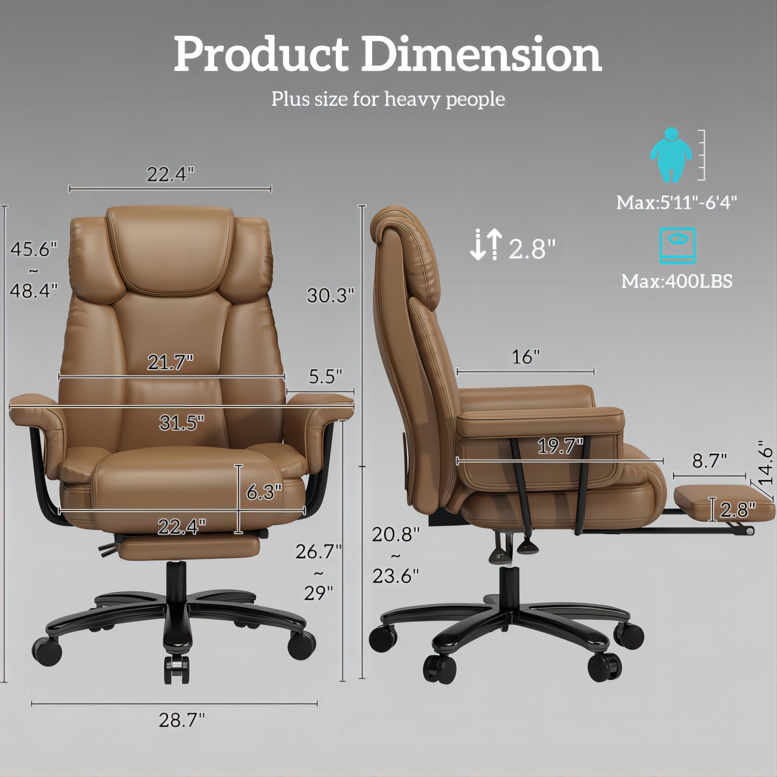 Big and Tall Office Chair Reclin with Footrest High Back Desk Chair 400LBS Brown