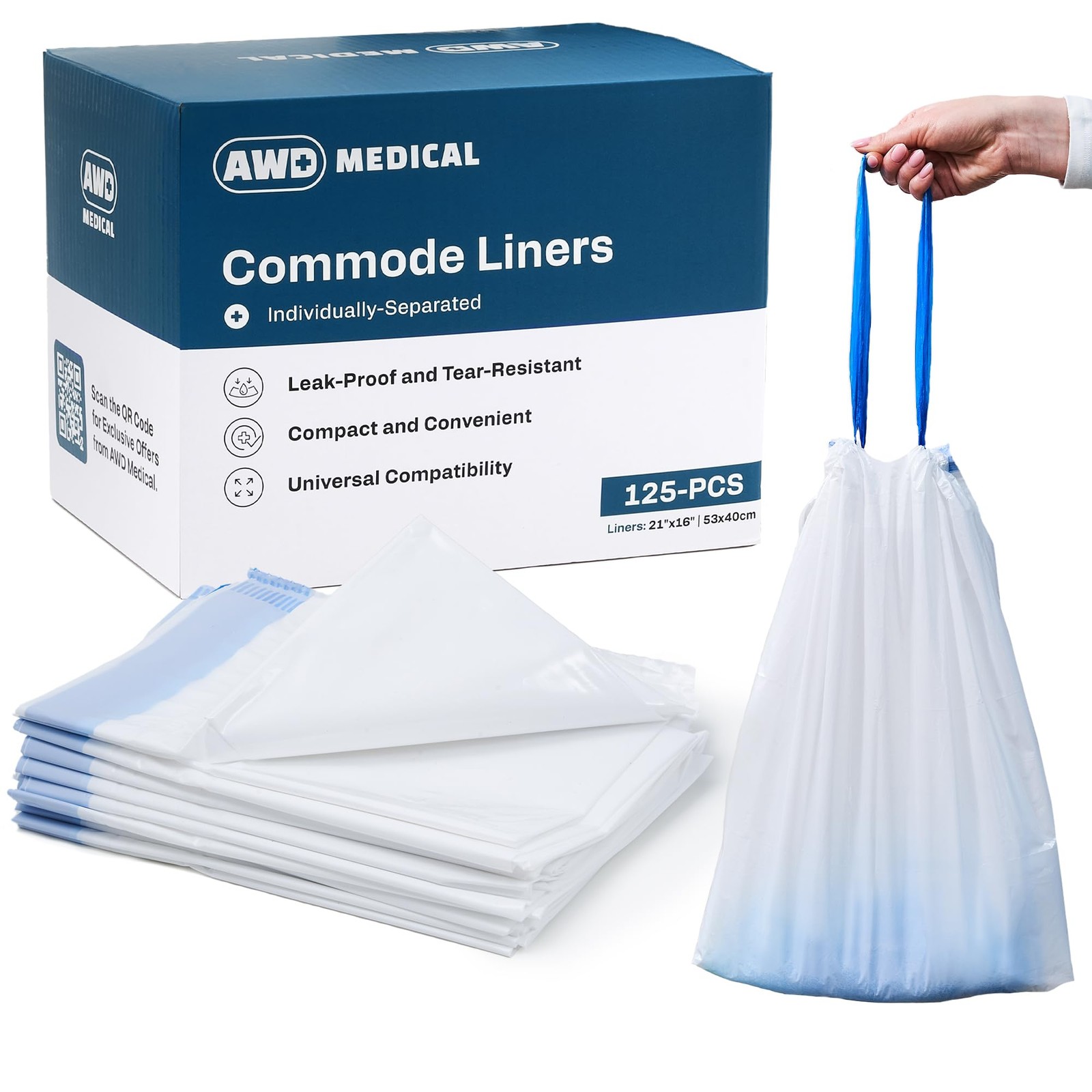 125 PACK Commode Liners - Adults Bag 1 Count (Pack of 125), white