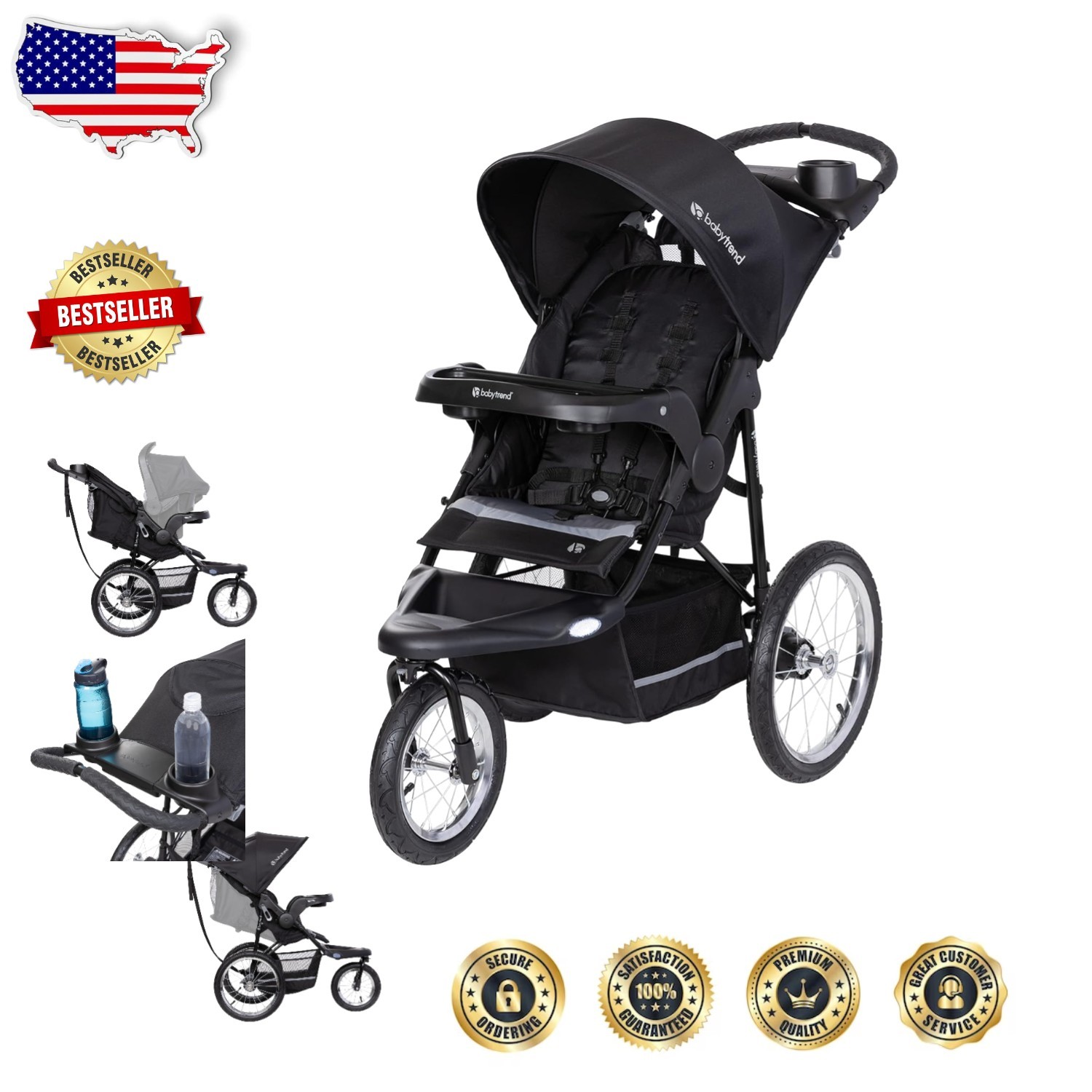 Expedition Jogger Dash Black - Comfort Grip, Adjustable Canopy, 50lb Max Weight