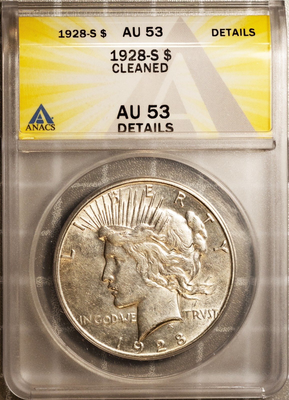 1928-S Silver $1 Peace Dollar AU 53 Details ANACS # 7490176 + Bonus