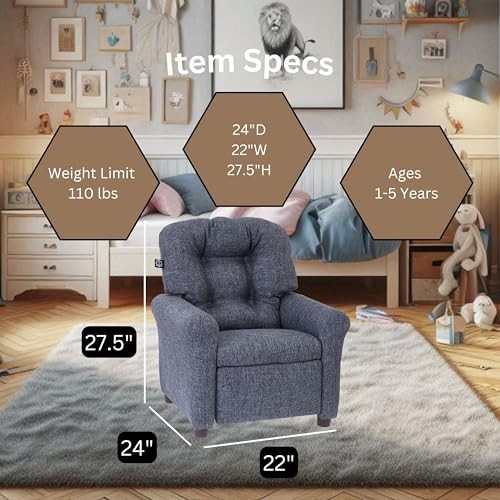 Traditional Kids Recliner Chair, Toddler Ages 1-5 Years, Polyester Linen, Grey