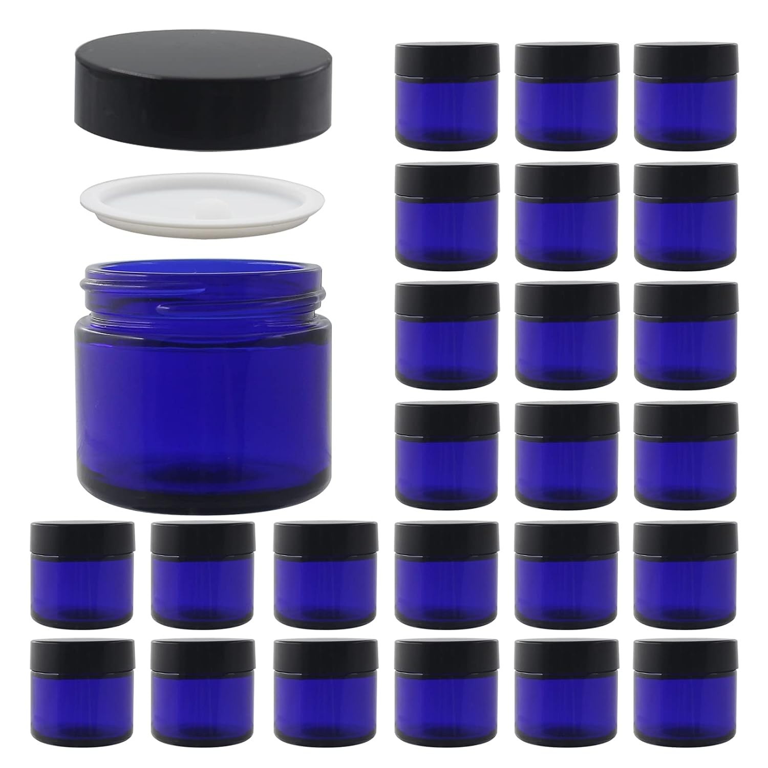 24 Pack 2 oz Round Blue Glass Cosmetic Jars with Inner Liners and Black Lids,...