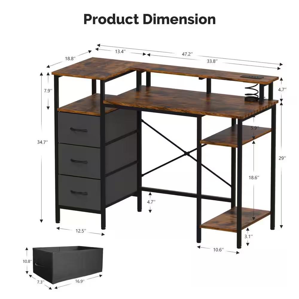 47.2 in Rectangle Computer Brown Wood 3-Drawer Computer Desk with Storage, Shelv