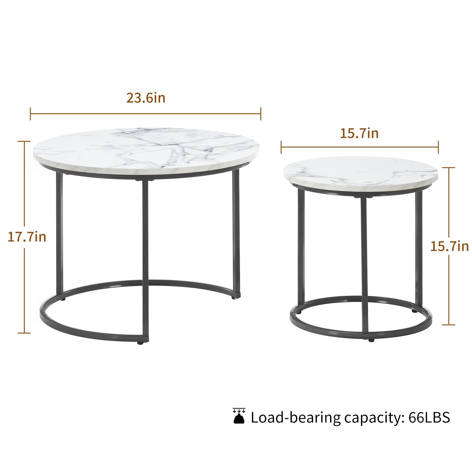 Round Nesting Coffee Table Set of 2, Modern Marble Pattern Wooden Nesting Tab...