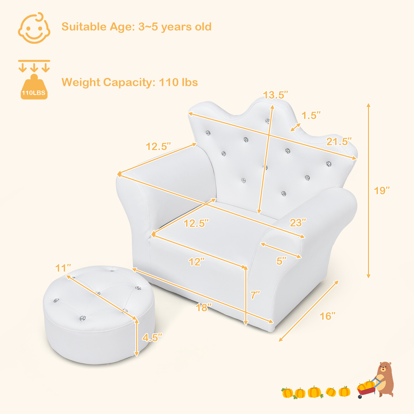 Costway Kids Sofa Toddler Couch Princess Armchair Children Gift w/ Ottoman