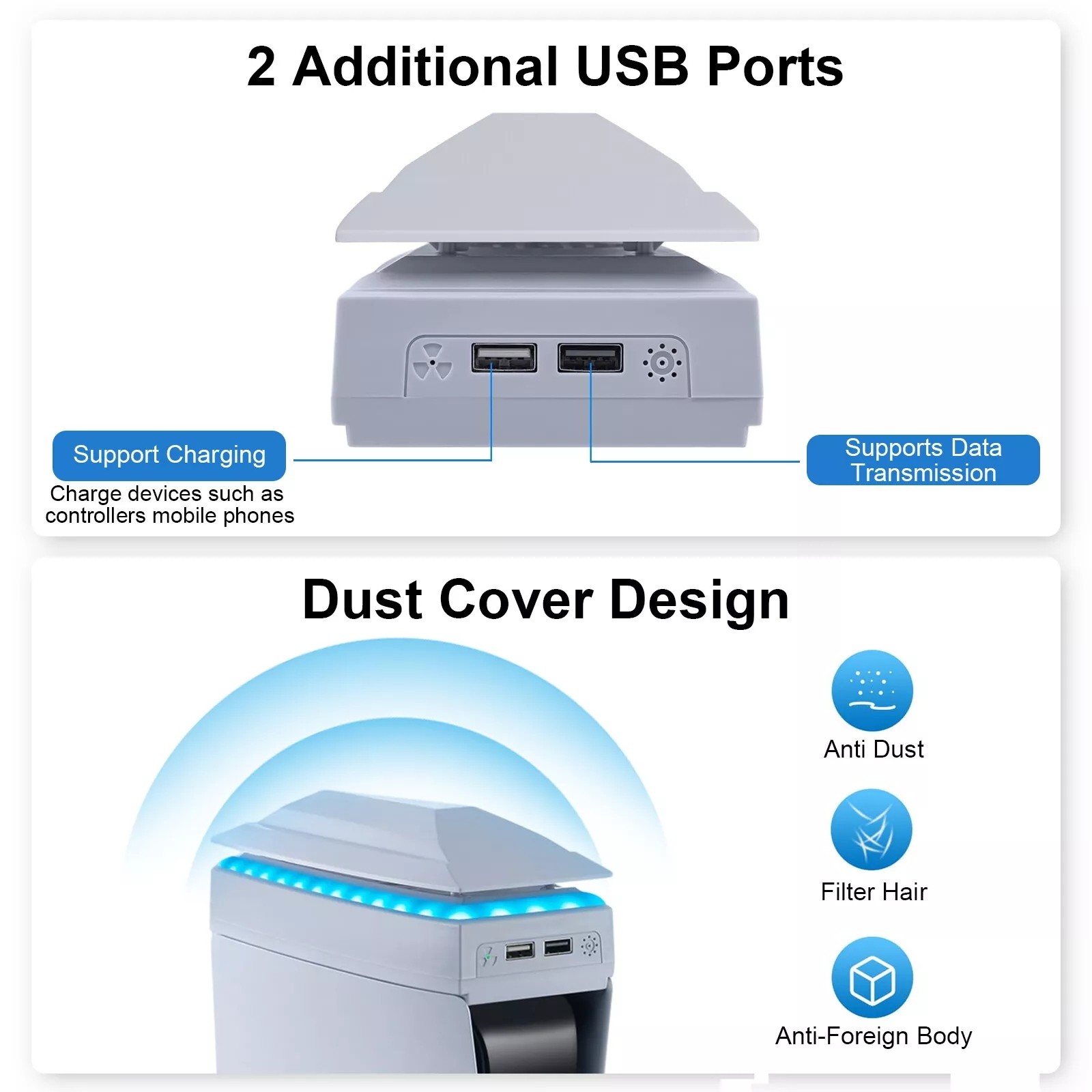 1x Adjustable Cooling Fan for PS5 Slim Disc/Digital Dustproof w/8 Modes Light