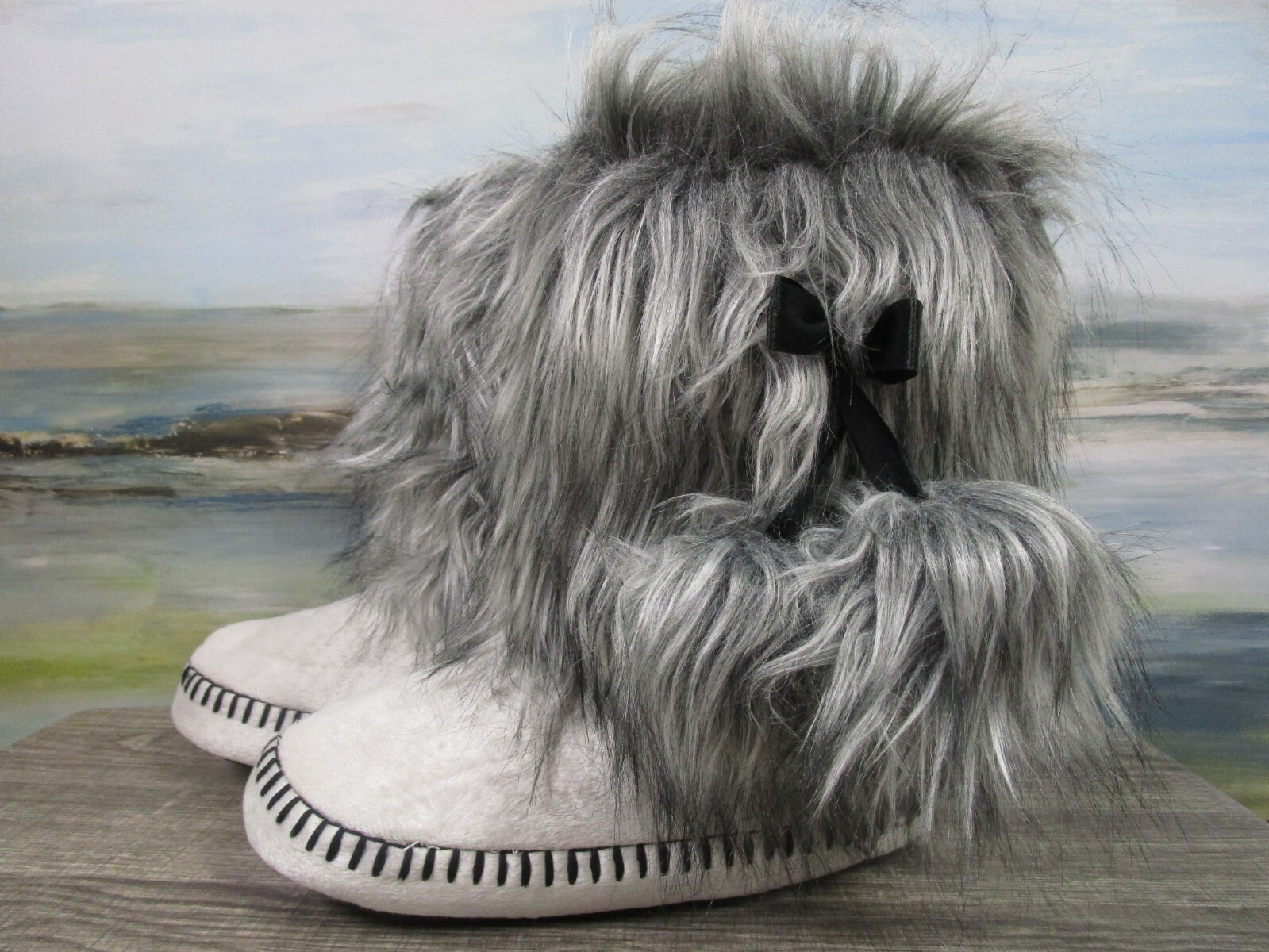 Adrienne Landau Faux Fur Booties Gray Slip On Casual Travel Winter NEW