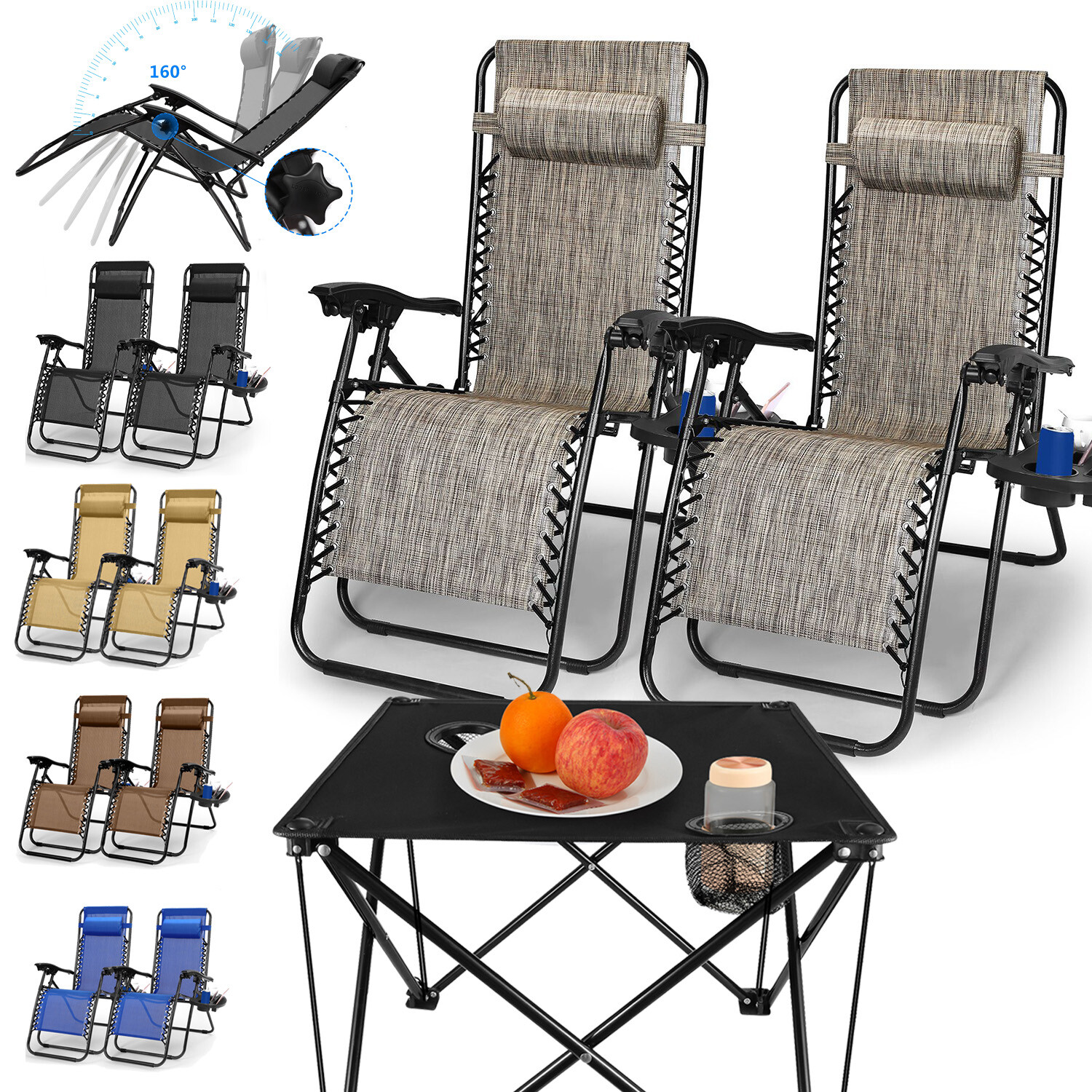 2 Pack Gravity Chairs Folding Patio Lounge Beach Outdoor Recliner with Side Tray