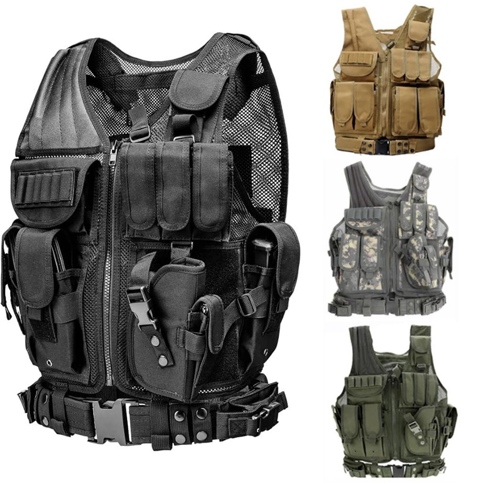Military Tactical Vest with Gun Holster Molle Police Gear Combat Plate Carrier
