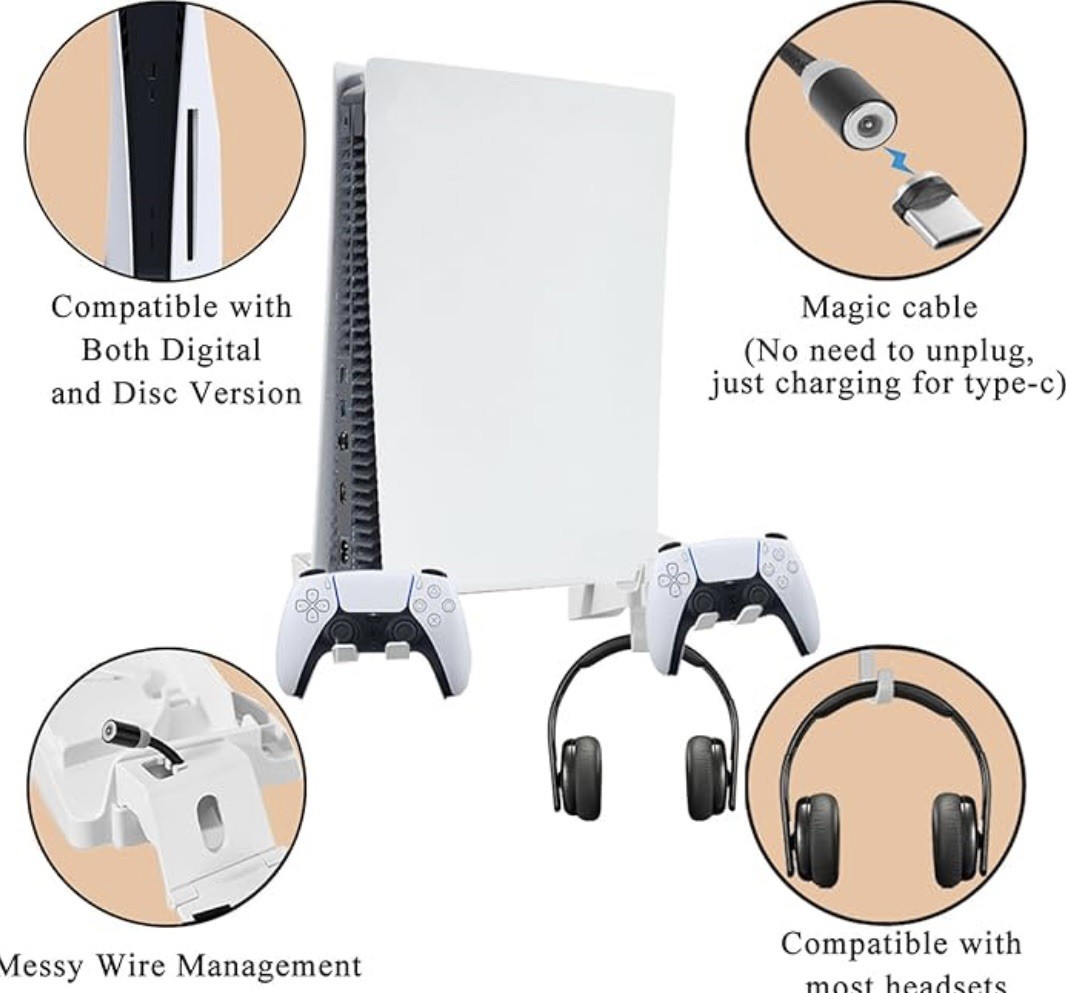 Wall Mount Holder for PS5 5in1 Sturdy Detachable Bracket Controller & Headphone