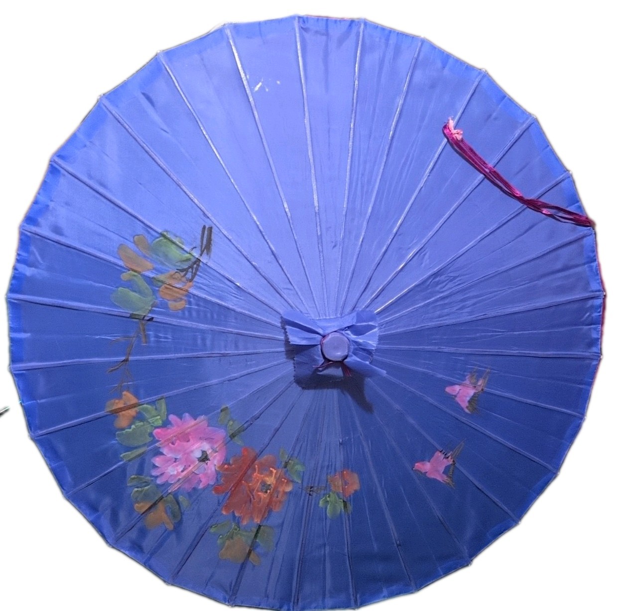 Vintage 32 Inch Purple Floral Bamboo Parasol Hand Painted Japanese Umbrella Prop