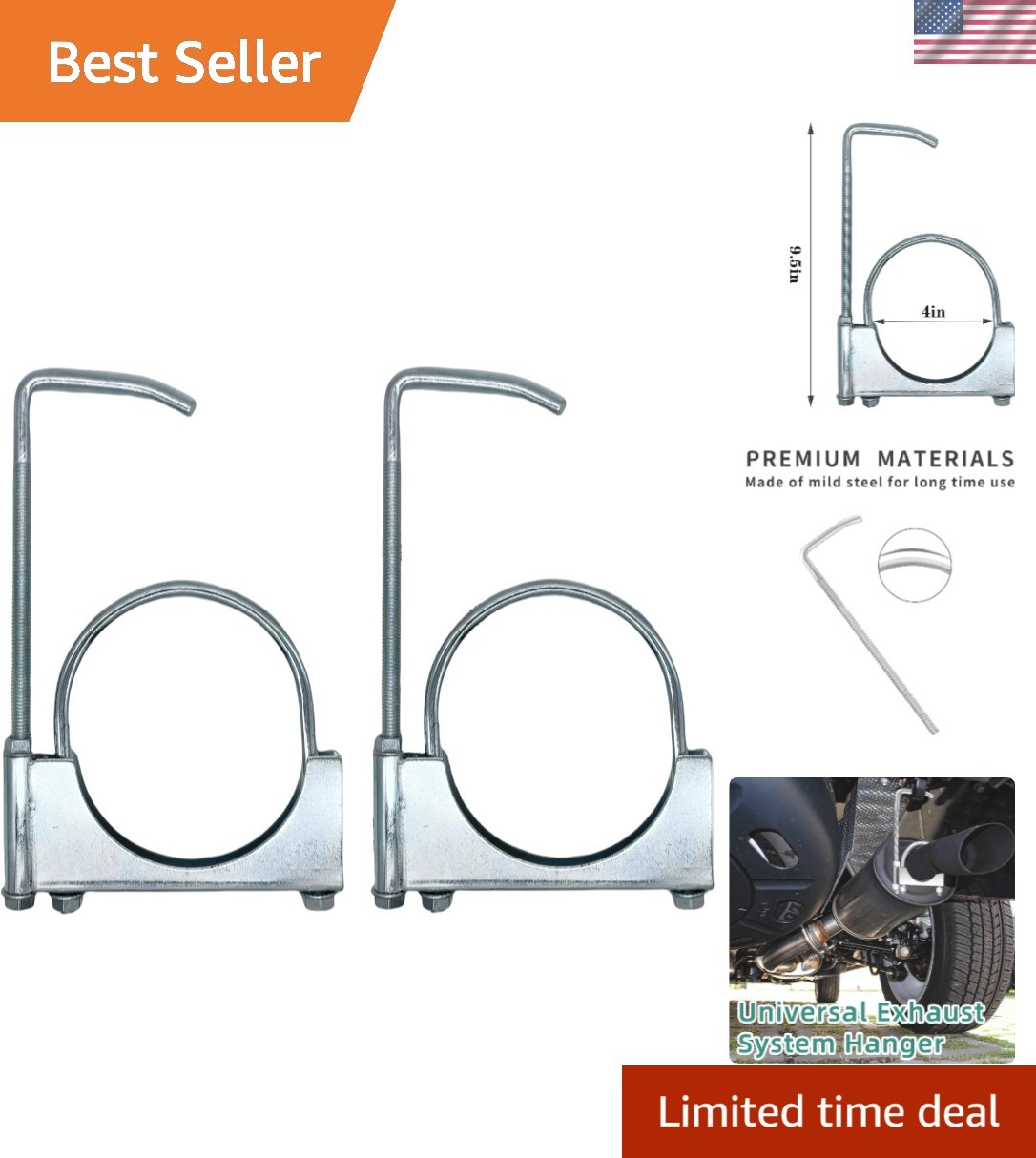 2 Pcs 4" Universal Exhaust Clamp with Hanger, Exhaust Hangers Fit 4"Exhaust Pipe