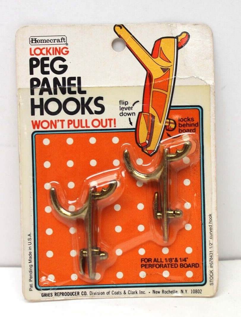 VTG Homecraft Locking Peg Panel Hooks 2pk #678431 Gold .5" Curved Hook USA NOS