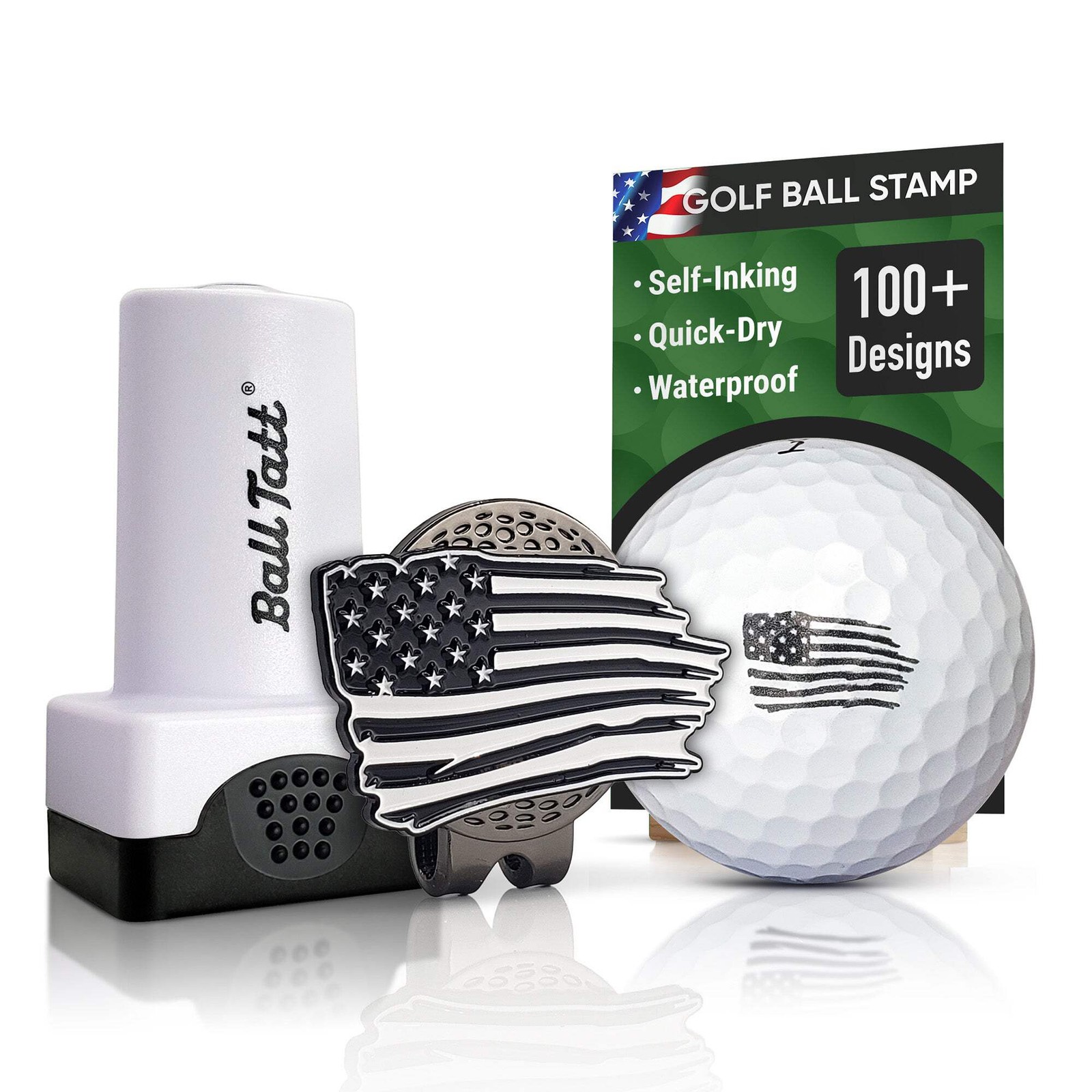 Ball Tatt - American Flag Golf Ball Stamp with Hat Clip and XL Ball Marker