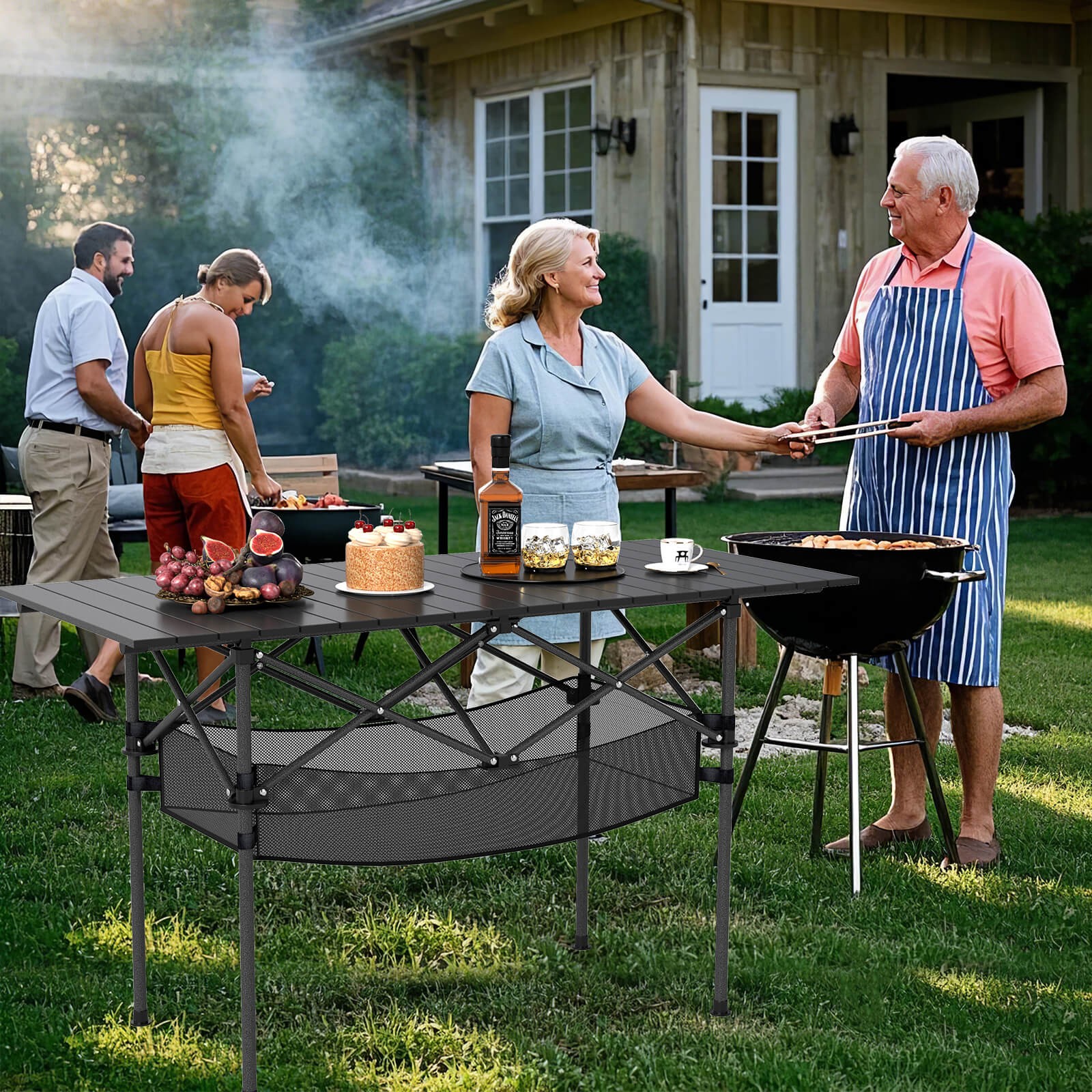 Patio Folding Camping Table w/ Aluminum Roll-up Tabletop & Mesh Basket